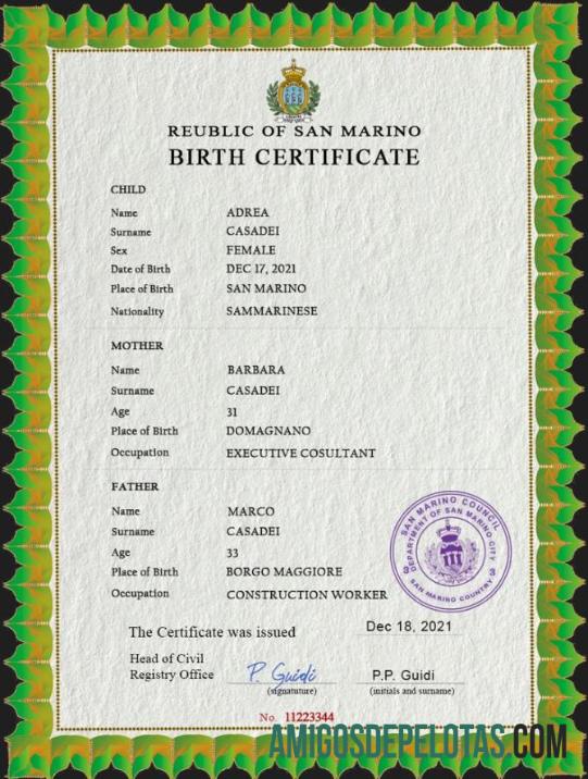 Realista modelo PSD de certidão de nascimento de San Marino